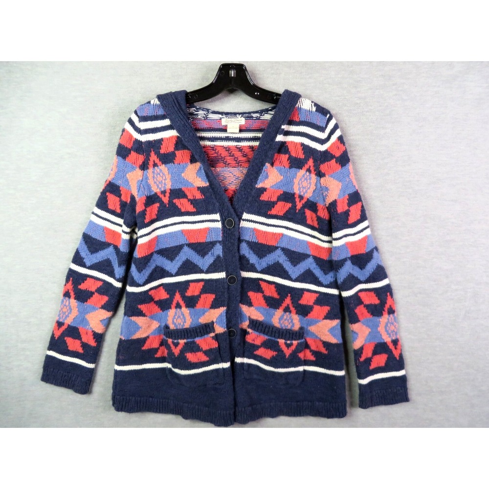 Lucky Brand Womens Sweater S Blue Pink Knit Cardigan Hoodie Aztec Cozy Southwest